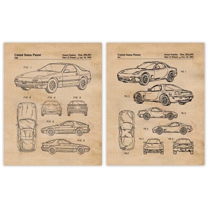 May include: Two black and white line drawings of a car patent. The first drawing is for patent number Des. 295,393, dated April 24, 1988. The second drawing is for patent number Des. 331,493, dated November 16, 1993.