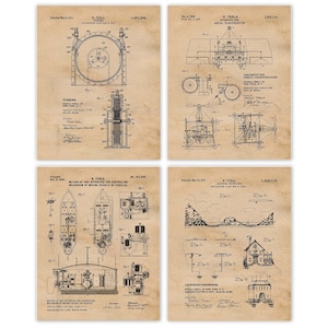 May include: A vintage set of four black and white patent drawings for inventions by Nikola Tesla. The drawings are on a beige background with a grid pattern. The drawings show a turbine, an aerial transportation apparatus, a method of controlling the mechanism of moving vessels, and a lightning protector.