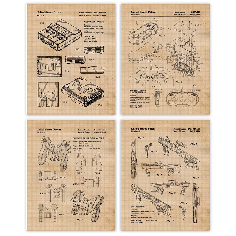 Vintage Video Games Patent Prints, 4 Unframed Photos, Wall Art Decor Gifts for Home Office Man Cave Student Teacher Comic-Con Online Gamers 