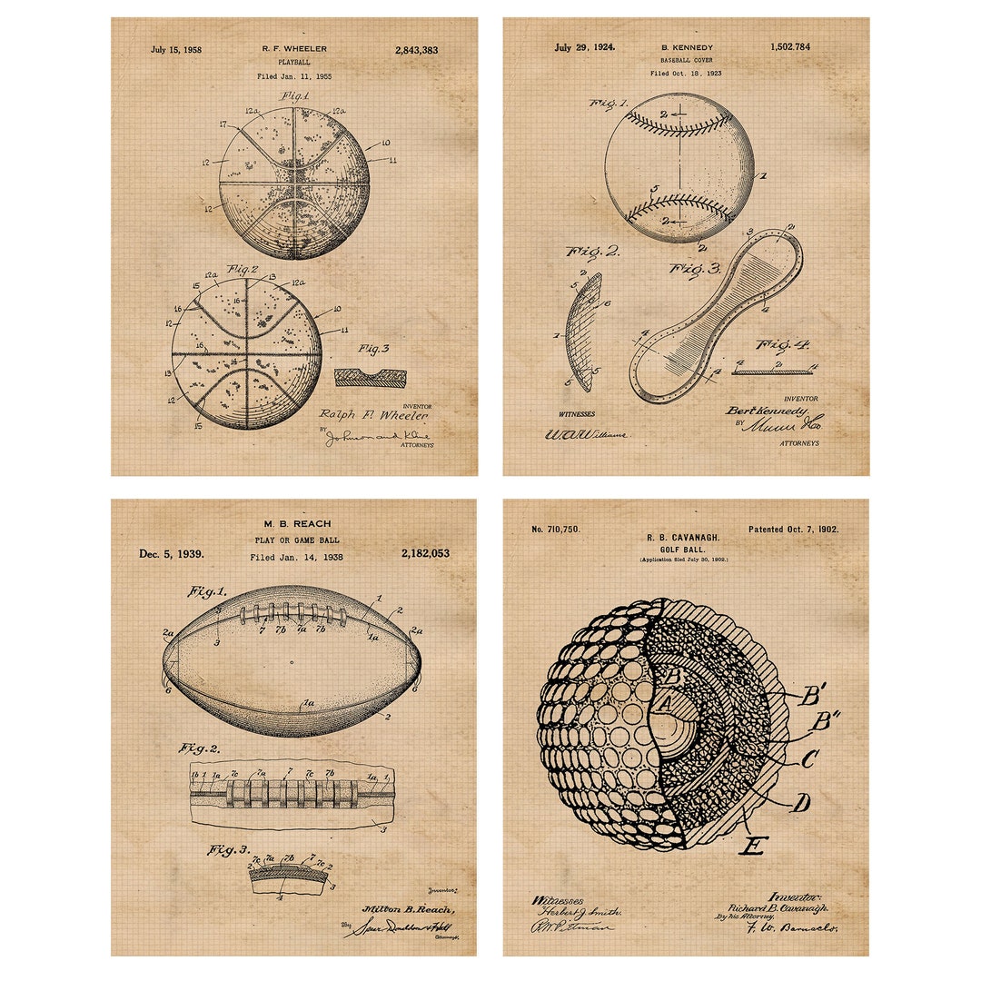 Vintage Sports Balls Patent Prints, 4 Unframed Photos, Wall Art Decor