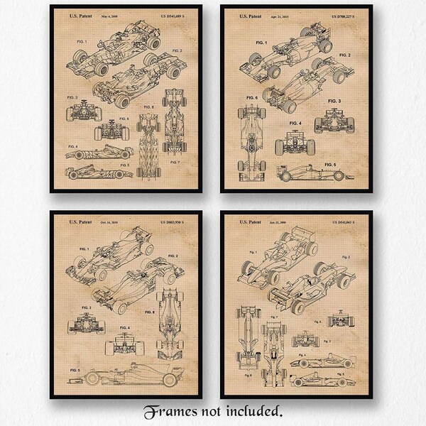 Vintage F1 Racing Patent Prints, 4 Unframed Photos, Wall Art Decor Gifts for Home Office Man Cave Student Teacher Coach Ferrari Race Team