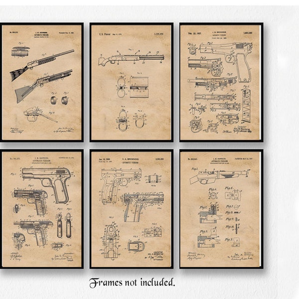 Vintage Remington JM Browning Firearms Patent Prints, 6 Unframed Photos, Wall Art Decor Gun Gifts for Office Man Cave Westerns Cowboys NRA