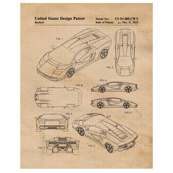 Classic Countach Auto Patent Prints, 1 Unframed Photos, Wall Art Decor for Home Lamborghini Office Gears Garage Engineer Student Teacher Fan