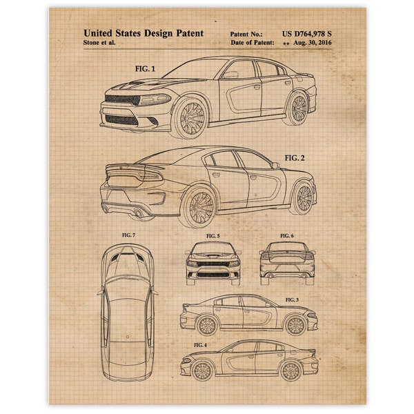 Vintage Charger Auto Patent Prints, 1 Unframed Photos, Wall Art Decor Gifts for Home Office Dodge Garage Mopar Engineer Student Hellcat Fan