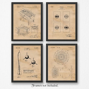 Vintage tafelvoetbal poker dartbord patentafdrukken, 4 niet-ingelijste foto's, kunst aan de muur decor cadeaus voor thuiskantoor Man Cave College Student Game Room
