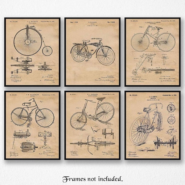 Vintage Bicycle Patent Prints, 6 Unframed Photos, Wall Art Decor Gifts for Home Office Bike Garage Shop School Student Teacher Cyclist Coach