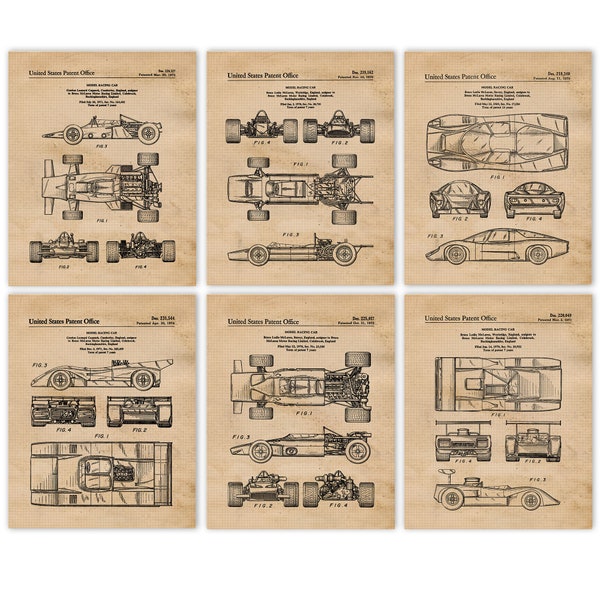 Vintage Motorsport Race Car Patent Prints, 6 Unframed Photos, Wall Art Decor Gifts for Home Office Garage Student McLaren F1 Racing Team Fan