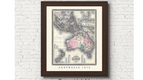 ヴィンテージ オーストラリア 1870年 レプリカ地図プリント、フレーム