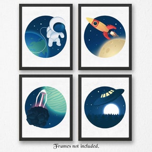 Simple Space Kids Prints, 4 Unframed Photos, Wall Art Decor Gifts for Home Office Student Teacher Family NASA Aviation Moon Mars Engineer