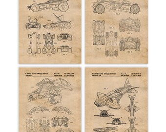 Superhero Bat Vehicles Patent Prints, 4 Unframed Photos, Wall Art Decor Gifts for Home Office Man Cave College Student Comic-Con Movies Fans