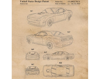 Classic Challenger Scat Pack Shaker Patent Prints, 1 Unframed Photos, Wall Art Decor for Home Work Office Dodge V8 Hemi Speed Muscle Garage