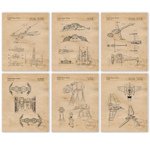 May include: A set of six vintage-style Star Wars patent prints. Each print features a different spacecraft or vehicle from the Star Wars universe, including the X-Wing, TIE Fighter, AT-AT, and more. The prints are in black and white and have a distressed, aged look.