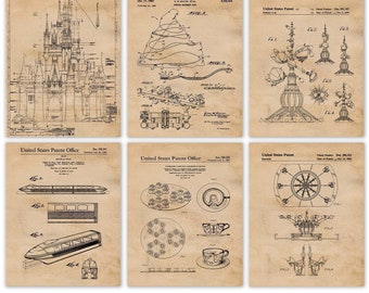 Vintage Disney Rides #18 Patent Prints, 6 Unframed Photos, Wall Art Decor Gifts for Home Office Man Cave Student Teacher Amusements Park Fan