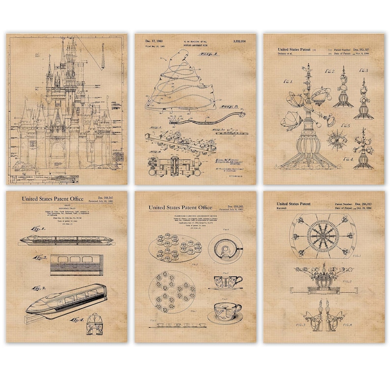 Disney Rides Pattern Vintage Disney Rides #18 Patent Prints, 6 Unframed Photos, Wall Art ...
