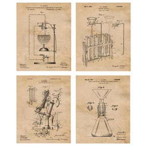 Vintage Science Lab Chemistry Patent Prints, 4 Unframed Photos, Wall Art Decor for Home Work Office Biology Medical School Student Teacher