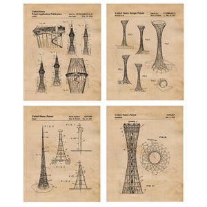 May include: A set of four vintage-style prints featuring black ink technical drawings on a tan grid background. Each print displays United States patent information, including patent numbers and dates, alongside detailed architectural tower diagrams.