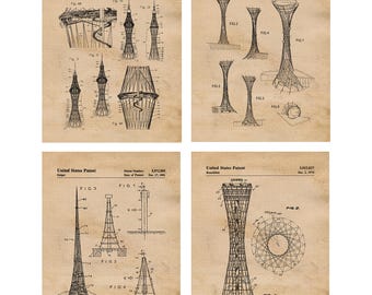 Tower Structure Architecture Patent Prints, 4 Unframed Photos, Wall Art Decor for Home Work Office School Architect Student Teacher Builder