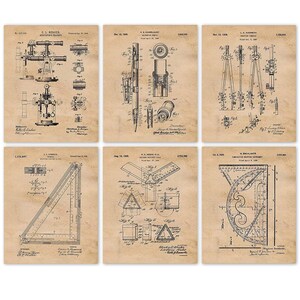 Vintage Architect Patent Prints, 6 Unframed Photos, Wall Art Decor for Home Office Man Cave Garage Shop Construction Builder Design Students