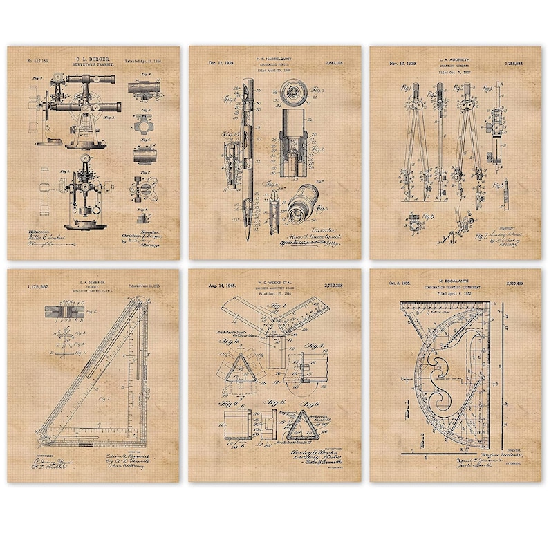 Vintage Architect Patent Prints, 6 Unframed Photos, Wall Art Decor for Home Office Man Cave Garage Shop Construction Builder Design Students Beige