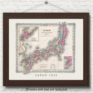 Stampe di mappe vintage del Giappone del 1855, 1 foto senza cornice, decorazione da parete per casa, ufficio, scuola, storia, studenti, insegnanti, geografia mondiale, esploratori, fan