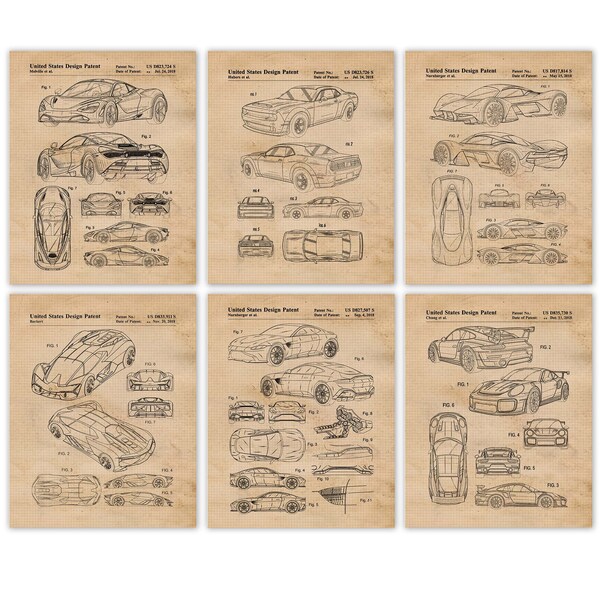 Vintage Super Cars Patent Prints, 6 Unframed Photos, Wall Art Decor Gifts for Home Office Man Cave Garage Student Teacher F1 Cars Racing Fan