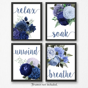 Relax Soak Unwind Breathe Navy Blue Flower Prints, 4 Unframed Photos, Botanical Wall Art Decor for Home Work Office Bathroom Floral Gardener