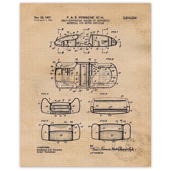 Vintage Car Body Patent Prints, 1 Unframed Photos, Wall Art Decor Gifts for Home Porsche Office Gears Garage Engineer Student Teacher Coach