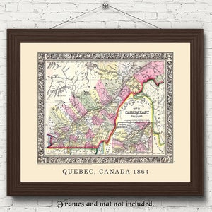Impressions de carte vintage Québec Canada 1864, 1 photo sans cadre, décoration d'art mural pour bureau à domicile Garage étudiant enseignant classe d'explorateur de géographie du monde
