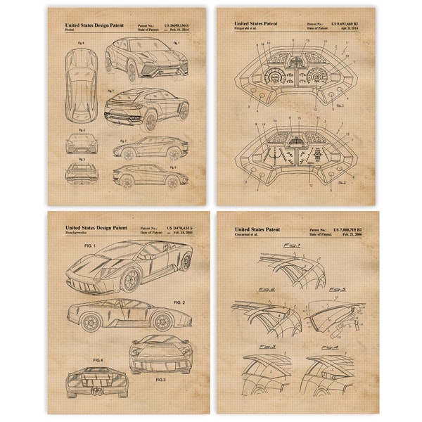 Vintage Murcielago Urus Patent Prints, 4 Unframed Photos, Wall Art Decor Gift for Home Office Lamborghini Engineer Student Teacher Coach Fan