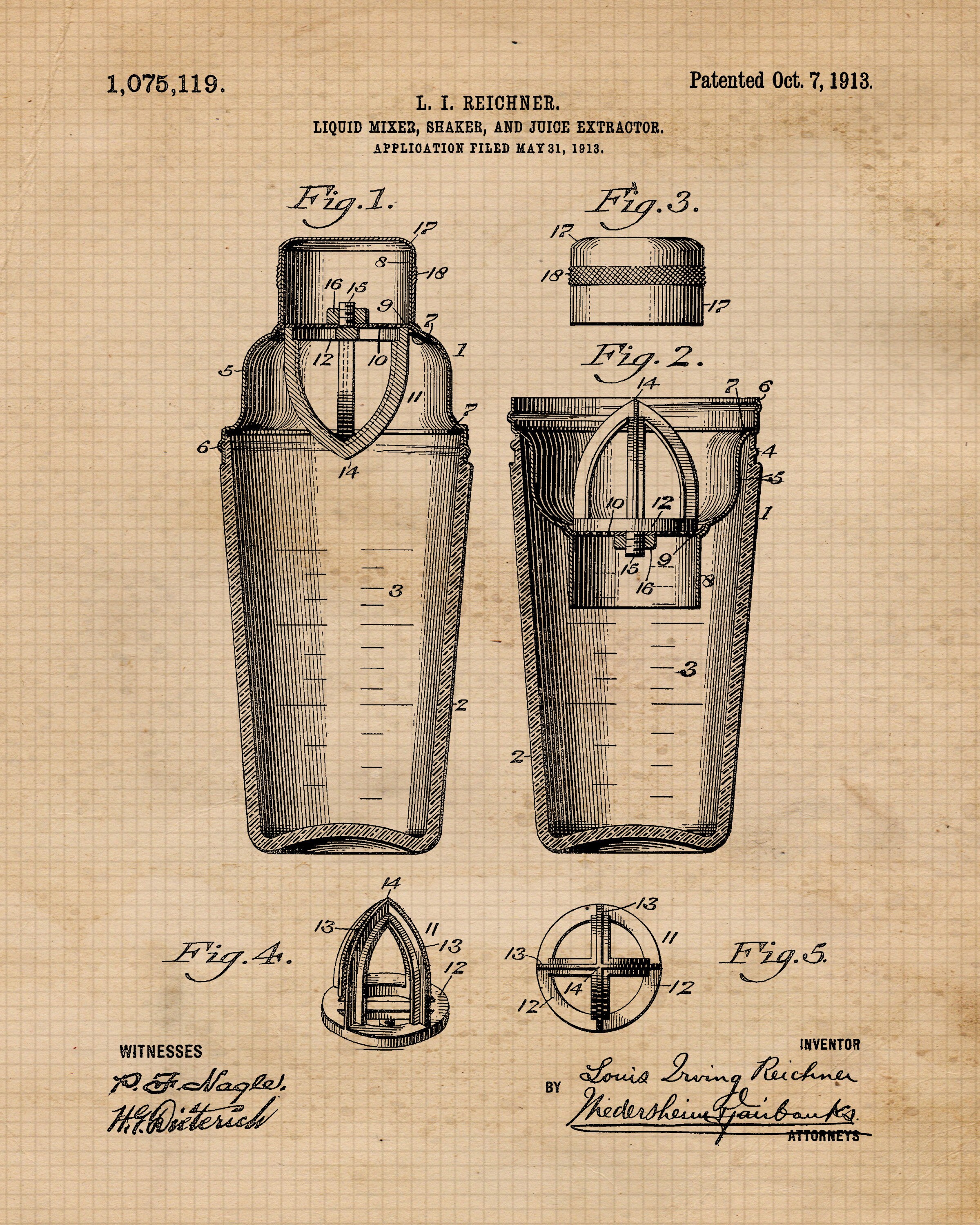 Classic Bartender Cocktail Mix Shaker Patent Prints, 1 Unframed