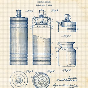 Vintage Bartender Cocktail Wine Patent Prints, 6 Unframed Photos, Wall Art Decor Gifts for Home Office Man Cave Bar Garage Shop Student Fans Beige Navy