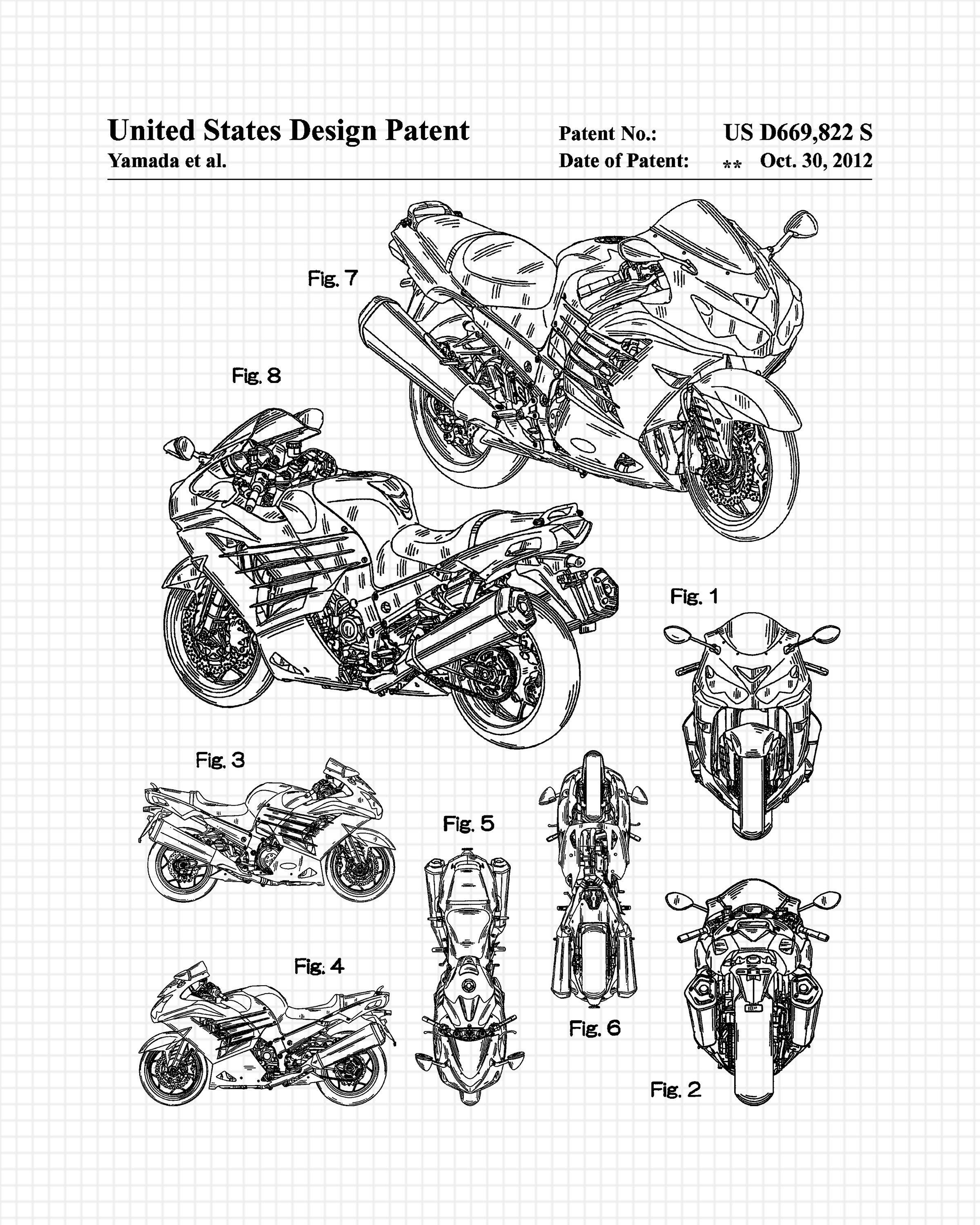Classic Ninja Motorcycle Patent Prints, 1 Unframed Photos, Wall