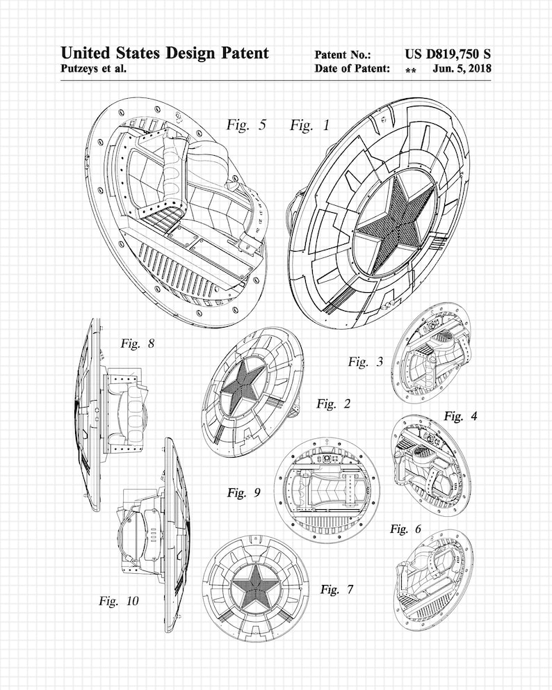 以下が含まれることがあります： スピーカーのデザインパテントの白黒線画。特許番号はUS D819,750 S、特許日は2018年6月5日。図面はスピーカーの10種類の異なるビューを示しており、それぞれに図番号が付けられています。