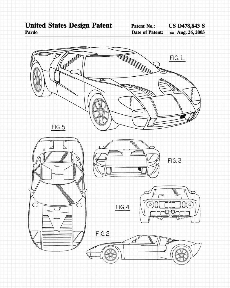 May include: A black and white line drawing of a car design patent. The patent number is US D478,843 S and the date of patent is August 26, 2003. The drawing shows the car from five different angles.