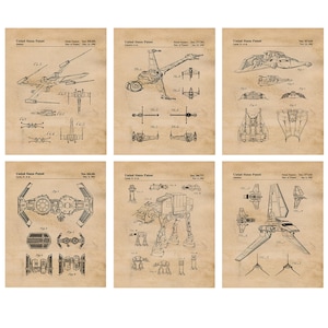 May include: A set of six vintage-style Star Wars spaceship patent drawings. The drawings are in black and white and feature various Star Wars vehicles, including the X-Wing, TIE Fighter, TIE Interceptor, AT-AT, and the Millennium Falcon.
