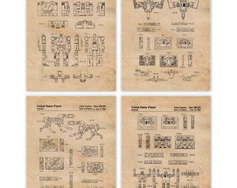 May include: A set of four vintage-style patent drawings for a robot toy. Each drawing shows the robot in a different configuration, with the text "United States Patent" and the patent number and date.