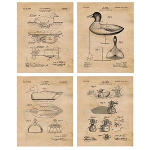 Vintage Duck Hunting Decoy Patent Prints, 4 Unframed Photos, Wall Art Decor Gifts for Home Office Game Ammo Garage Hunt Shop Wild Outdoors