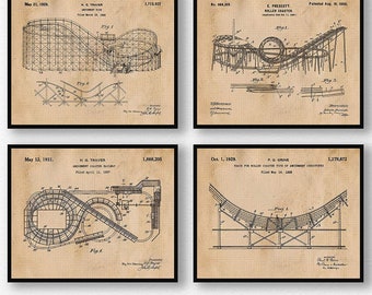 Vintage Roller Coaster Patent Poster Prints, 4 Unframed Photos, Wall Art Decor Gifts for Home Office, Student, Teacher Coach Theme Park Fan