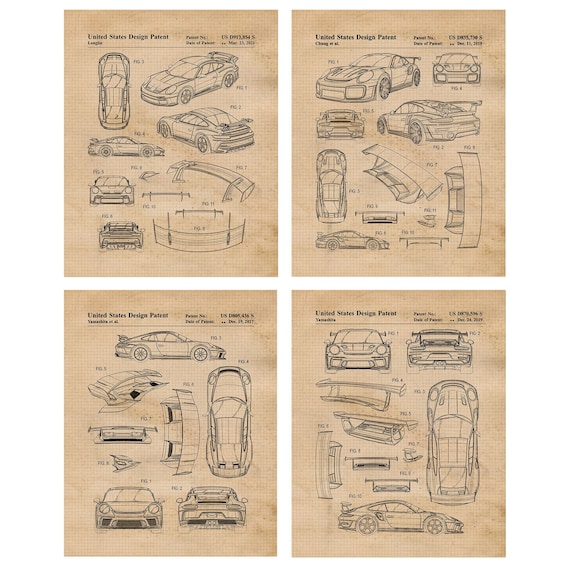 Classic 911 Automobile Patent Prints, 4 Unframed Photos, Wall Art
