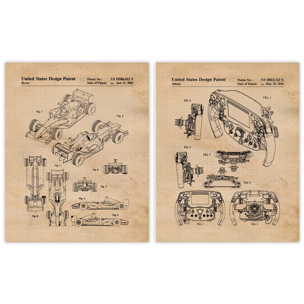 Vintage F1 Auto Racing Patent Prints, 2 Unframed Photos, Wall Art Decor Gifts for Home Office Ferrari Garage Student Teacher Coach IMSA Team