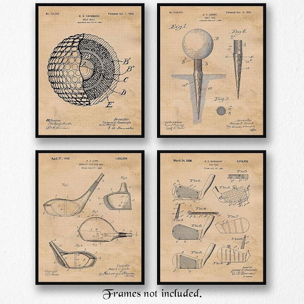 Vintage Golf Clubs Patent Prints, 4 Unframed Photos, Wall Art Decor Gifts for Home Office School Gears Gym Trainer Student Teacher Coach Fan