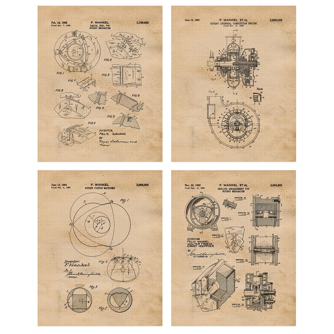 Vintage Wankel Rotary Car Engines Patent Prints, 4 Unframed Photos