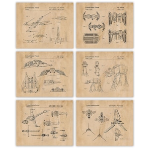 May include: Set of six vintage-style patent prints featuring detailed blueprints of iconic Star Wars vehicles. Each print showcases different spacecraft designs, with technical drawings and patent information on a grid background.