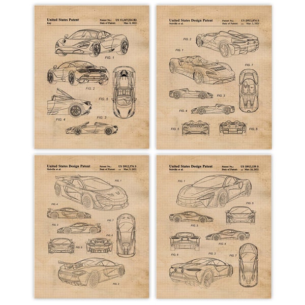 Automobile McLaren Patent Prints, 4 Unframed Photos, Wall Art Decor Gifts for Home Office Garage Man Cave Student Teacher Coach F1 Team Race