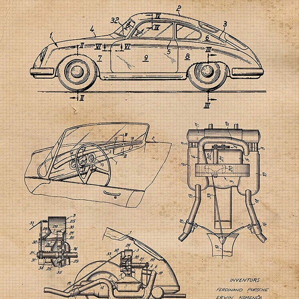 Vintage 356 Auto Patent Prints, 1 Unframed Photos, Wall Art Decor Gifts for Home Porsche Office Student Teacher F1 Cars Racing Engineer Team