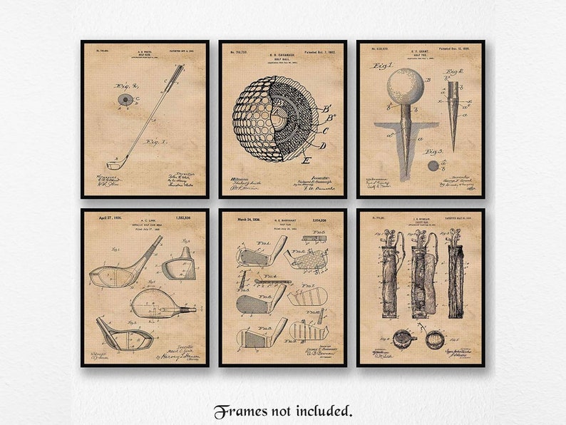 Vintage Golf Patent Prints, 6 Unframed Photos, Wall Art Decor Gifts for Home Office Man Cave Shop PGA Student Teacher Coach Sports Masters 