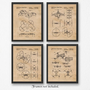 Vintage Flying Drones Patent Prints, 4 Unframed Photos, Wall Art Decor for Home Office Garage Shop Man Cave Movie NASA Aviation Student