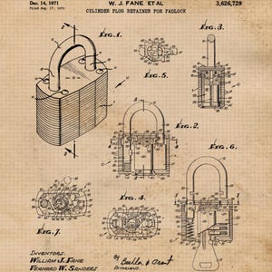 Puede incluir: Ilustración de patente envejecida de un candado, con fecha del 14 de diciembre de 1971, con diagramas y secciones transversales detalladas. El texto incluye "Cylinder Plug Retainer for Padlock" y los nombres de los inventores, William J. Fane y Vernard W. Sanders.