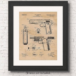Vintage 1911 Gun Patent Prints, 1 Unframed Photos, Wall Art Decor for Home Work Office Colt Browning Gears Garage Firearm Ammo Student Coach