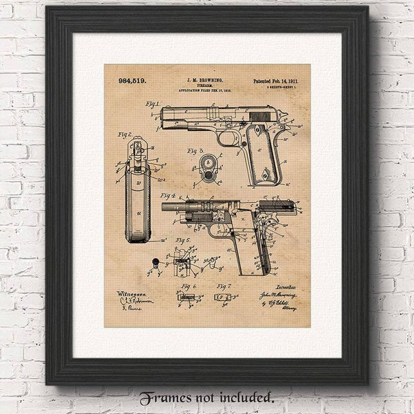 Vintage 1911 Gun Patent Prints, 1 Unframed Photos, Wall Art Decor Gifts for Home Colt Browning Office Gears Garage Ammo Range Student Coach